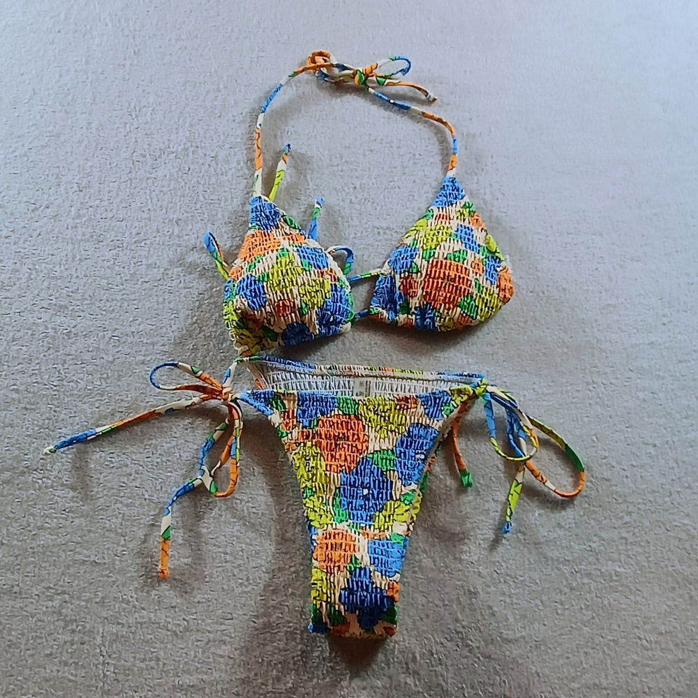 Women Bikini Set Multi-Color Smocked Floral Small Side Tie 2-Piece Festival